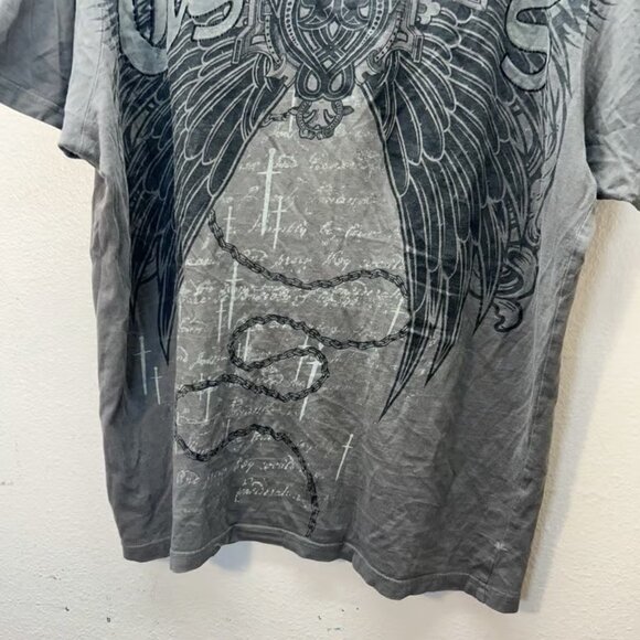 Chemistry Shirt Mens SZ L Brown Y2K Cyber Punk Goth Grunge Angel Wings Cross - Picture 3 of 4